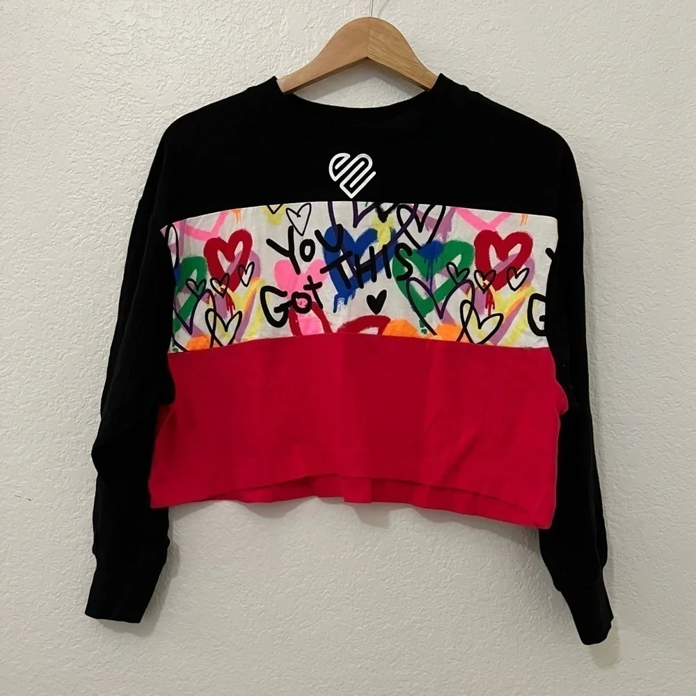 Girls Justice cropped tee color block black and pink/ SZ Small 7/8